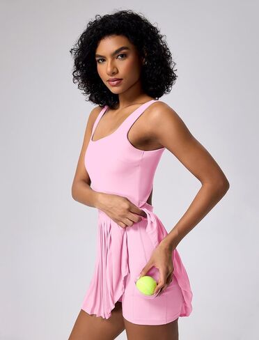 ABOCIW Tennis Dress for Women Square Neck Pleated Athletic Dress with Built-in Shorts & Bra Workout Golf Exercise Dress in Saudi Arabia
