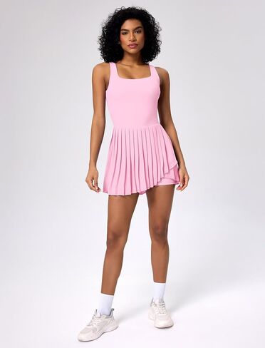 ABOCIW Tennis Dress for Women Square Neck Pleated Athletic Dress with Built-in Shorts & Bra Workout Golf Exercise Dress in Saudi Arabia