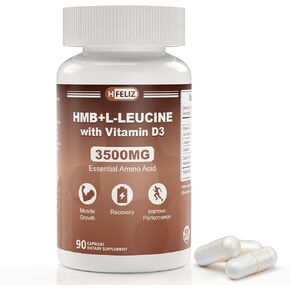 HMB and Leucine Supplement, 3500mg L-Leucine HMB with Vitamin D3, Amino Acid BCAA for Men, Vegan, Gluten Free, 90 Capsules