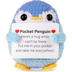 Funny Pocket Penguin Hug, 2.6 Inch Emotional Plush Penguin with Support Card Knitted Potato Wool Positive Crochet Doll Creative Cheering Gift for Family Friends Encouragement Home Decoration(Blue)