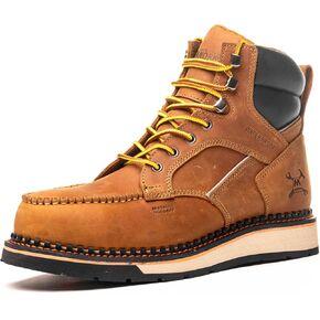 6" Moc Toe Work Boots For Men Wedge Sole Leather Waterproof ASTM F2413-18 Safety Metallic Toe EH Rated Arch Support Anti Fatigue