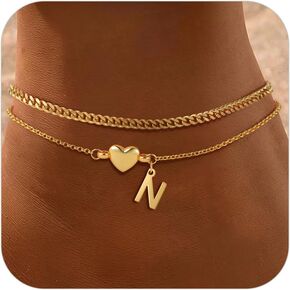 SLOONG Gold Initial Anklet Bracelets for Women, 14k Gold Plated Layered Letter A-Z Heart Anklet Dainty Trendy Waterproof Summer Beach Jewelry Gifts for Women