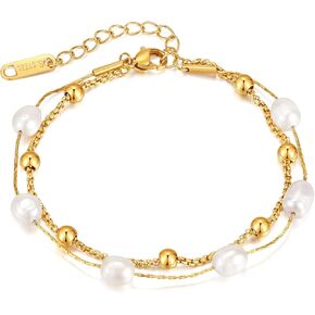 Fashion 18K Gold Plated Stainless Steel Pearl Bead Link Chain Bracelet