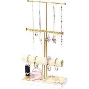 Jewelry Organizer Stand with Velvet Bracelet Holder, 3 Tier Sturdy Hangers for Necklaces, Watches, Rings, Earrings, Adjustable Tall 17.1" (Max), Gold Metal Jewelry Tower Gift for Women