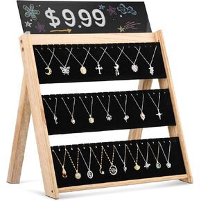 Necklace Display for Vendors, 3 Tier Foldable Jewelry Display Stand with 66 Slots, Wooden Chain Necklace Holder with Velvet for Selling, Jewelry Storage Organizer for Craft Show