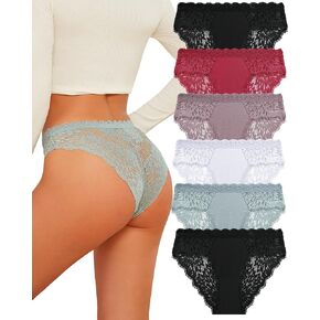 FINETOO 6 Pack Bikini Underwear for Women Sexy Lace Cheeky Panties Low Rise Hipster Cotton Panty