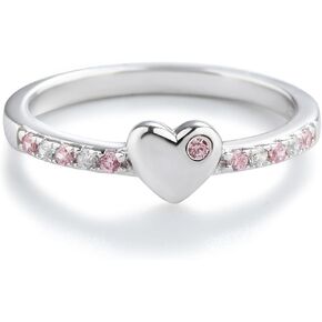 Precious Pieces Sterling Silver or 14K Gold Plated Baby Ring with Puff Heart and Pink CZs for Babies, Toddlers, Little Girls, Stackable or Pinky Ring for Teens and Women