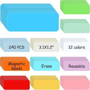 CTOSREE 240 PCS محو الجاف الملصقات المغناطيسية 3.2 '' x 1.2 "اسم مغناطيسي قابلة لإعادة الاستخدام العلامات اسم مغناطيس ملصقات اسم العلامة الملونة شرائح مغناطي