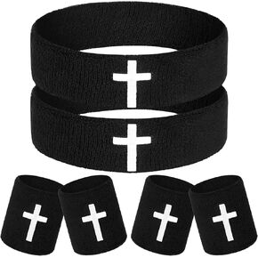 6 Pcs Sweatband Set Sports Headband & Wristband Set Cross Religious Pink Bow Wicking Athletic Wristband Sport Accessories Supplies for Basketball Tennis Gym Running