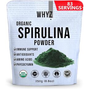 WHYZ Organic Spirulina Powder, 250g, Protein-Rich Spirulina Supplement, Organic Superfood for Immune Support, Green Spirulina Powder Organic Non GMO for Smoothies & Recipes