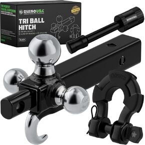 Rhino USA Trailer Hitch Tri-Ball Mount with Hook, Shackle & Locking Pin (2-Inch Receiver) Versatile Tow Hitch Ball Size 1-7/8 Inch, 2 Inch & 2-5/16 - Heavy Duty Truck Towing Hitch (Black)