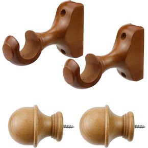Antrader 2Pcs Finials for Curtain Rods and 2Pcs Wood Curtain Rod Brackets,Wood Curtain Rod Finials and Window Curtain Hooks for Curtain Rod,White