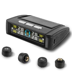 TPMS Tire Pressure Monitor System, RV Tire Pressure Monitoring System Wireless Tire Monitoring System with Solar and USB Charger (0-87 PSI), RV Trailer TPMS with 4 Sensors & 6 Alarm Modes LCD Display