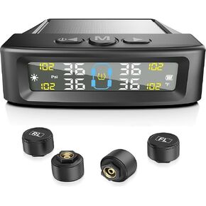 نظام مراقبة ضغط الإطارات - مجموعة أجهزة استشعار TPMS من 4 ، مستشعر ضغط الإطارات الشمسية مع شحن USB ، 6 أوضاع إنذار ، تلقائي أو إيقاف التشغيل ، شاشة LCD ملونة (0-87 PSI) للسيارة/شاحنة/سيارات الدفع الرباعي