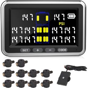 Tire Pressure Monitoring System, Truck TPMS RV Trailer tpms 0-199psi with 10 Flow Thru Sensors 4.5-inch Color Screen, 6 Alarm Modes, Long-Distance Sensing, for Trucks, Motor Home (4 Sensors)