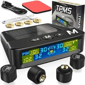 مجموعة أجهزة استشعار TPMS من 4 | 0-98psi أجهزة استشعار ضغط الإطارات الخارجية من 4 | نظام مراقبة الإطارات | 4 و 2-WHEEL MODE | شاشة LCD ألوان تلقائية | منع الانفجارات ، والإطارات المسطحة والقيادة بأمان!