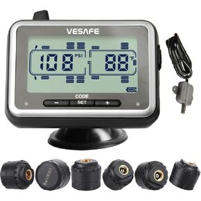 VESAFE TPMS, Wireless Tire Pressure Monitoring System for RV, Trailer, Coach, Motor Home, Fifth Wheel, Including a Signal Booster and 10 Anti-Theft sensors.