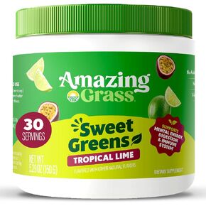 Amazing Grass Sweet Greens and Superfoods Powder for Digestive Health, Greens Powder, Digestive Enzymes, Probiotics, Spirulina, Chlorella, Summer Berry, 30 Servings