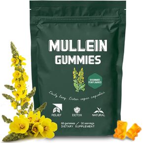 Mullein Gummies for Pronts ، مكملات الرعاية الصحية الصالحة للأكل غذائية غذائية ، صحة الرئة وإغاثة الجيوب الأنفية ، 1000 ملغ مستخلص أوراق موللين ، نكهة الكمثر