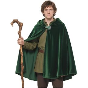 L'VOW Medieval Hobbit Cloak Renaissance Elf Hooded Cape Lord of The Rings Velvet Green Cloak with Hood