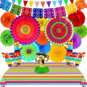 [7 أصناف] 33pcs Cinco de Mayo Fiesta Party Decoritions ، مستلزمات الحفلات المكسيكية ، مراوح الورق Pom Poms Cover Llama Baloons Pennant Pacado Banner Banner Decor