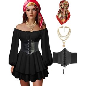 Women Pirate Costume Dress with Corset Accessories Long Sleeve Romper Short Off Shoulder Dress