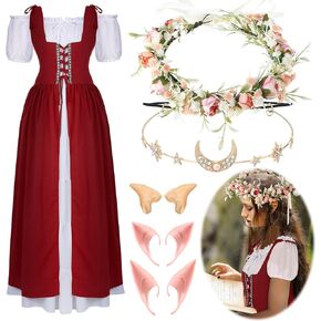 Bonuci 6 PCS Women Renaissance Costume Fory Dress Assume Medieval مع آذان قزم وسلسلة رأس القمر و Crown Woodland Fairy Crown
