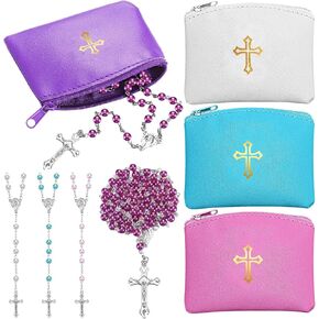 8 Pcs Rosary Pouch with Catholic Rosary Beads Necklace Set for Women PU Leather Holder with Zipper and Gold Cross Imprint Case Portable Religious Bag for Travel