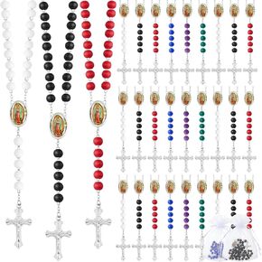 36 Pcs Wooden Bead Rosary Necklace with Crucifix and Our Lady of Guadalupe Scented First Communion Rosary with 36 Organza Bags Baptism Favors Catholic Gift for Men Women (Assorted Colors)