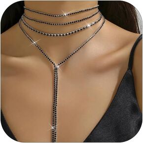 Layered Sexy Choker Necklace Rhinestone Statement Necklace Multilayered Y Long Rhinestones Choker Necklaces Long Layered Necklaces for Women