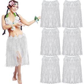 6 Pcs 24 Inch Hawaiian Luau Hula Grass Skirts White Wedding Hawaiian Luau Dress Elastic Hibiscus Flowered Tropical Skirt for Adult Women Party Decorations Favors Supplies