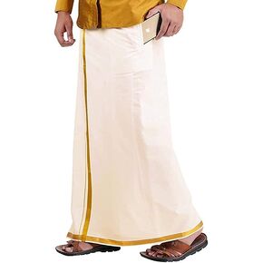 Cotton Mens Welcro Pocket Dhoti/Mundu - Jari Cotton Single Pocket Dhoti - Size 28-42 (Ivory/Cream)