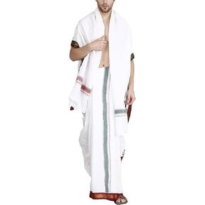 Kolakeer ™ Men's 9x5 Panjakejam dhoti مع Angavastram - 3.3 mtrs dhoti مع 1.5 mtrs Angavastram (Marukarai ، White)