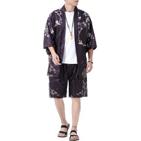 PRIJOUHE Japanese Kimono For Men Lightweight Open Front Kimono Bathrobe With Shorts 2 piece Summer Beach Outfits