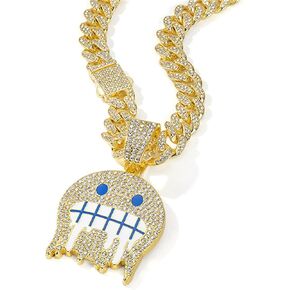 EDINGM Smiley Pendant Miami Cuban Link Chain for Men, Gold/Silver Plated Diamond Necklace, Iced Out Hip Hop Jewelry Gift