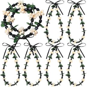 Quelay 6 Pcs Graduation Shell Kukui Nut Lei Necklace Adjustable Hawaiian Kukui Nut Necklace Ribbon Tie Closure Graduation Lei