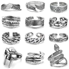 12 Pcs Vintage Rings for Men Adjustable Punk Gothic Viking Feather Angel Wings Snake Mask Rings Set
