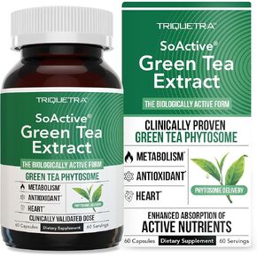 SoActive Green Tea Extract - Clinically Proven Green Tea Phytosome - 200% Better Absorption & Effectiveness - Clinically Validated Dose - Supports Metabolism & Weight Management - 60 Capsules