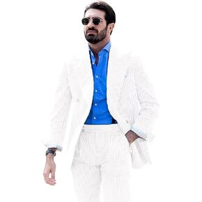 Men's Striped Seersucker Suits 2 Piece Slim Fit Wedding Tuxedo Summer Beach Leisure Suits Sets