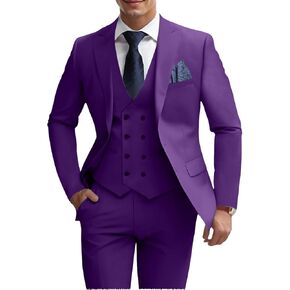 Mens 3 Piece Slim Fit Suit Set, Double Breasted Blazer Vest Pants Business Tuxedo Dress