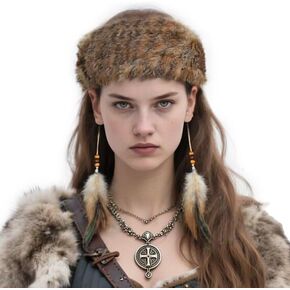 Viking Style Fur Hat with Feather Decorations Brown