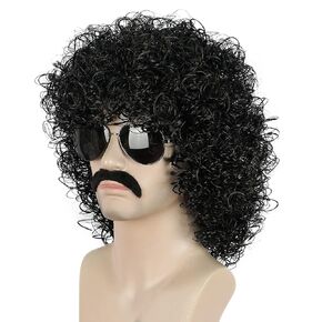 yuehong Black Curly Fluffy Jumbo 70s Afro Wig 80s Rocker Disco Party Costume Hair Heat Resistant Synthetic Fibers Soft Durable Breathable Wig with Mustache