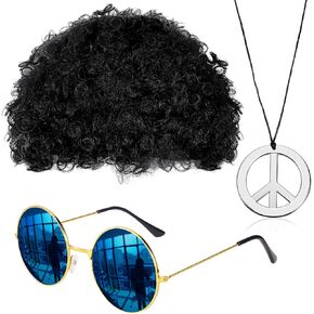 Hippie Costume Set Funky Afro Wig Sunglasses Peace Sign Necklace for 50/60/70s Theme Party (Black)