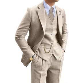Retro Tweed Brown Men Suit 3 Piece Herringbone Slim Fit Suits Wedding Tuxedos Set Prom Jacket Blazers Vest Pants for Mens