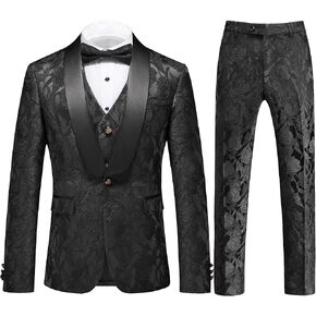 UNINUKOO Mens Suits 3 Piece 1 Button Prom Floral Wedding Shawl Lapel Casual Tuxedo Suit Set