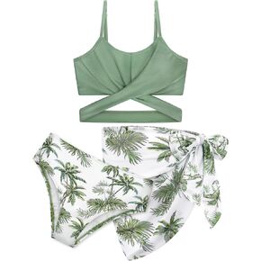 3 Pieces Girls Swimsuits Bikini Set Tropical Print Bikini Set Criss Cross Bathing Suit with Cover Up Skirt for Kids