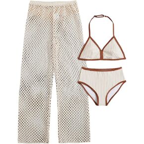 GORGLITTER Girl's 3 Piece Swimsuits Contrast Binding Halter Triangle Bikini with Crochet Cover Up Pants