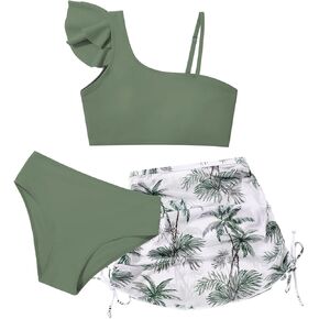 Girls Swimsuits 3 Pcs Bikini Set Ruffle Sleeve Solid Swimwear Tropical Cover Up Skirt Kids Teen Bathing Suit 9-16 Years