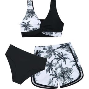 Weixinbuy Girl's 3 Piece Swimsuit Teen Swimwear Tropical Print Twist Cross Bikini Bathing Suit with Cover Up Shorts Size 9-16
