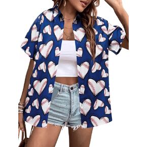 VILOVE Baseball Shirt Women Baseball Hawaiian Shirts Funny Baseball Jersey Game Day Fans Gifts Short Sleeve Button Up Tops